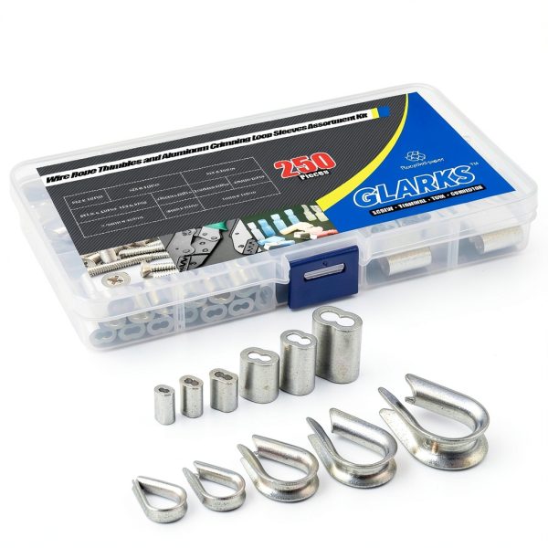Wire Rope Thimbles Kit Glarks 250pcs 304 Steel & Aluminum Crimping-6